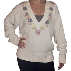 Vintage Cream Floral Knit VNeck Sweater Cottagecore Grandmacore Cozy Sz Large XL